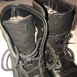 Black Rhinestone G by Guess Combat Moto Boots
